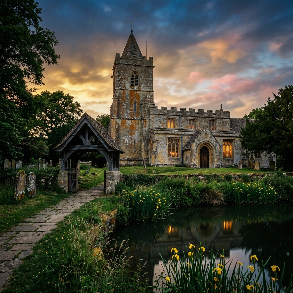 The Norman church adjacent to the Weston-sub-Edge moated site at dusk