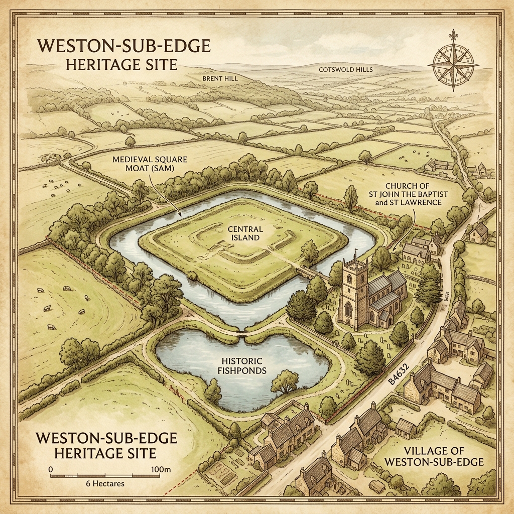 Aerial illustration of the Weston-sub-Edge heritage site showing the medieval moat, fishponds and adjacent Norman church